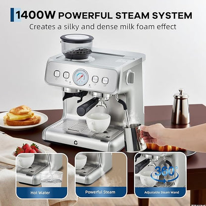 Garvee 20 Bar Pressure Stainless Steel Espresso Machine with Grinder, 2.8L Removable Water Tank, Milk Frother Steam Wand for Latte/Cappuccino - Adjustable Shot Volume, Professional Home/Office Use