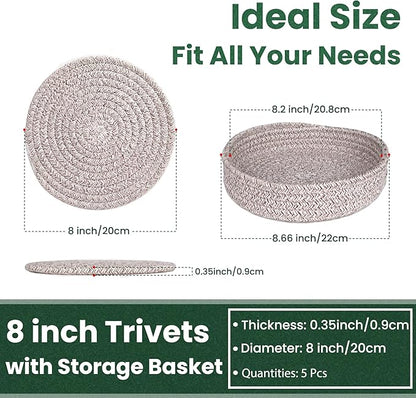 8 Inch Trivets for Hot Dishes, Hot Pots and Pans, Thick Heat Resistant Large Coaster for Kitchen, Hot Pads, Kitchen Essentials, Kitchen Decor for Table & Countertop with Storage Basket, 5 Pcs