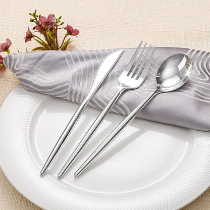 Rubtlamp 90Pcs Silver Plastic Silverware, Silver Plastic Thanksgiving Utensils, Plastic Cutlery Include 30 Knives, 30 Forks and 30 Spoons, Silverware Heavy Duty For Thanksgiving