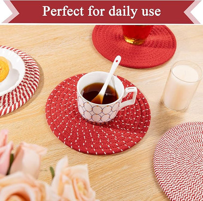 SHACOS 8 Inches Trivets for Hot Dishes, 4 Pieces Cotton Trivets Mats for Kitchen, Hot Pads for Countertops and Table, Heat-Resistant Pot Holders for Hot Pots and Pans(Red, 4pcs)