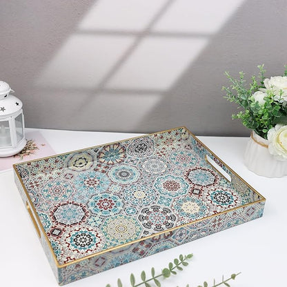 Spsyrine Decorative Serving Tray with Handles, Lacquered Coffee Table Tray for Ottoman, Rectangular Waterproof Platters for Centerpieces, Parties, Living Room, Kitchen Counter Organization SP3040RE2