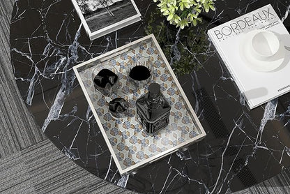 PEMAR Rectangular Mother of Pearl Serving Tray Coffee Table Ottoman Tray w Insert Handles, Luxury Decorative Handmade Eating Tray (Geometric Cube Pattern)