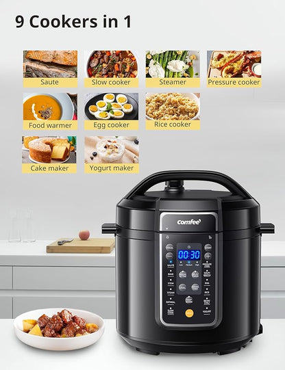 COMFEE’ 9-in-1 Electric Pressure Cooker, 14 Presets Instant Multi Slow Cooker Olla de Presion Non-Stick Pot Rice , Yogurt Maker, Sauté Steamer, Black , 6 Quarts