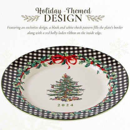 Spode Christmas Tree 2024 Annual Collector Plate - Exclusive Border with Red Ribbon & Black Check, Seasonal Display or Holiday Tableware Use, 8" Porcelain - Great Holiday Gift