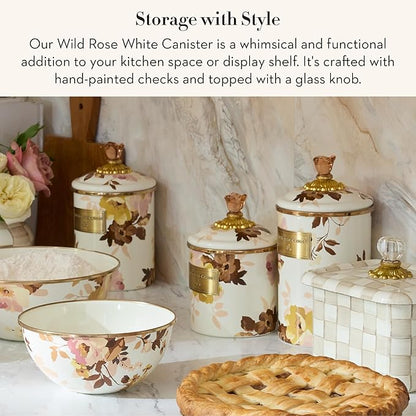 MACKENZIE-CHILDS Enamel Canister, Kitchen Storage Container with Lid, Large, Wild Rose White