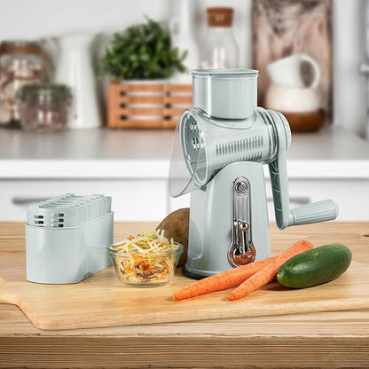 5 in 1 Rotary Cheese Grater with Handle – Stainless Steel Blades, Vegetable Slicer, Shredder, Carrot & Cabbage Grater, Nut Grinder, Easy to Clean Kitchen Gadget (Light Grey)