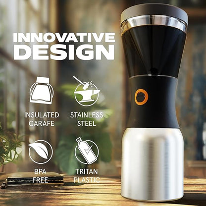 asobu Cold Brew Coffee Maker, Award-Winning 40oz Insulated Cold Brew Brewer with Portable Stainless Steel Carafe – No.1 Europe Coffee Fest Winner, Leakproof, BPA-Free, Keeps Cold 24H