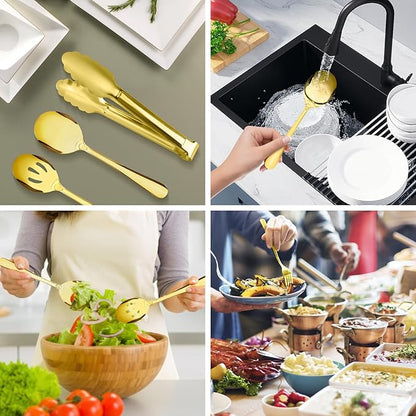 17PCS Serving Utensils Set Flatware, Stainless Steel Serveware Large Serving Spoons, Slotted Spoons, Forks, Tongs, Cake Server,Soup and Skimmer Spoon for Buffet, Catering, Party, Dinner (Gold)