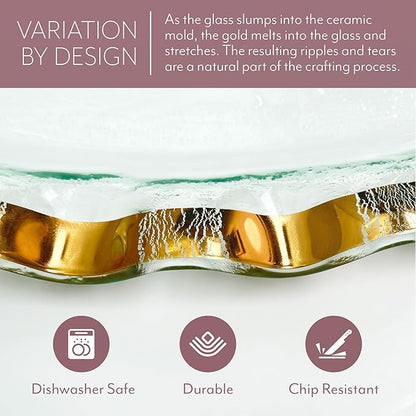 Annieglass Ruffle 10.75 x 13.5 Inch Rectangular Bowl with 24k Gold, Timeless Glass Tableware for all Occasions, Made in the USA