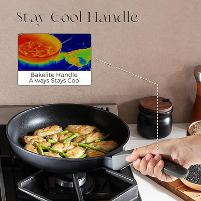 PRICUSIS Nonstick Frying Pan, 8/10/12 Inch Skillet with Stay Cool Handle, Fully Coated, Induction Compatible & Oven Safe, 100% Dishwasher Safe, PTFE & PFOA Free（10 Inch, Black Sesame）