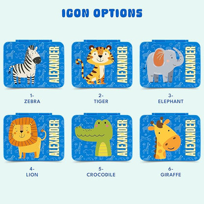 Personalized Bento Box for Kids with Safari Icon and Name - Royal Blue - 5 Compartments Drop-Proof Bento Box, Dishwasher Safe, Made with BPA-Free Materials, Bento Lunch Box for Kids and Toddlers