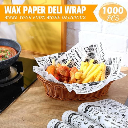 1000 Pcs 12 x 12 Inch Deli Wax Paper Sheets Grease Resistant Tray Basket Liners Newsprint Paper Water and Grease Proof Sandwich Wrapping Square Hot Dog Wrappers for Food Baking (White)