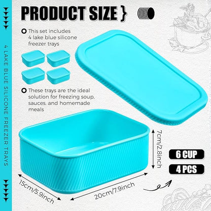 Nuogo 4 Pcs 6 Cup Silicone Freezer Trays with Lid Soup Containers Reusable Freezer Silicone Molds Rectangle Containers Ice Trays for Soups Sauces Stews Curries, Lake Blue