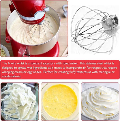 KN256 Stainless Steel Whisk for KitchenAid 6 Qt Bowl-Lift Stand Mixer, 6-Wire Whip Compatible with KV25, KP25, KP26, KL26, KD26, KP26, Heavy Duty 18/8 Stainless Steel, Dishwasher Safe, No Residue