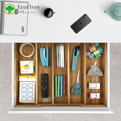 Luxury Acacia Silverware Organizer -Kitchen Drawer Organizer - Utensil Holder and Cutlery Organizer with Grooved Drawer Dividers for Flatware and Kitchen Utensils (5 Slot)