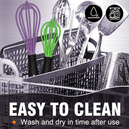 Walfos Whisk,5+7Inch Mini Whisks,Silicone Whisk Non Scratch whisk,Heat Resistant(480°F) Small whisks Suitable for stirring individual eggs and mixing small amounts of powder and sauce. Purple & Green