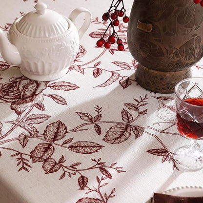 ISAENNE Designer Vintage Linen Table Cloth for Rectangle Table,Red Floral Pattern Linen Stain Resistant Tablecloth,Decor Tablecloths for Dining Thanksgiving Kitchen Party,55"*79"-Harmony