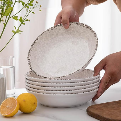 Rustic White Melamine Pasta Bowls, 6 Pack 9.25 inch Serving Bowls, Wide and Shallow All-purpose Bowl, Unbreakable Kitchen Bowls for Salad, Pasta, Ramen, Soup, Noodle, Fruit. Dishwasher Safe…