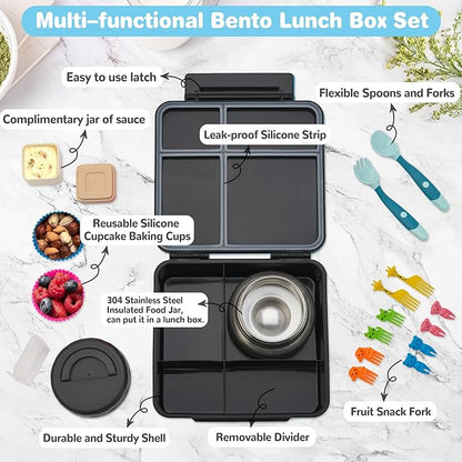 Bento Lunch Box with 9.5 oz Soup Thermo, Kids Leakproof 4 Compartments Bento Box with Silicone Cupcake,Fruit Fork,Spoon and Sauce Cup,Insulated Food Jar for School Travel-Game