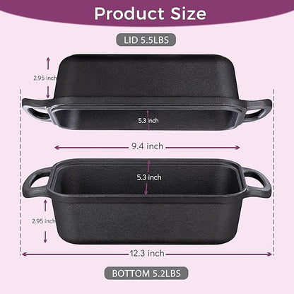 Cast Iron Loaf Pan with Lid 9x5 Inch, 2 in 1 Loaf Pans for Baking Bread, Even Heat Distribution for Sourdough, Homemade Bread