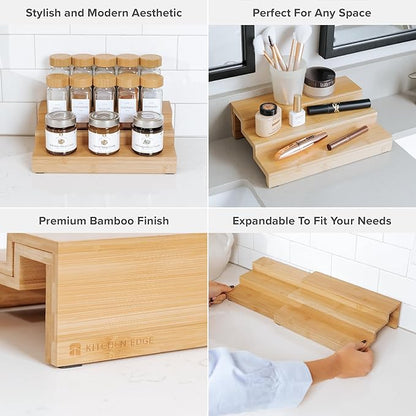 KitchenEdge Expandable Spice Rack Organizer for Cabinet, 3-Tier Shelf for Spice Organization (11” to 22”), Fits 36 Spice Jars, Seasoning and Pantry Storage, Non-Slip Feet, 100% Bamboo Wood