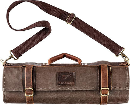 EVERPRIDE Waxed Canvas and Leather Chef Knife Roll Bag – Chef Bag Holds 10 Knives up to 15” PLUS Pocket for Cooking Accessories – Durable Knife Case for Professional Chefs – Knives Not Included