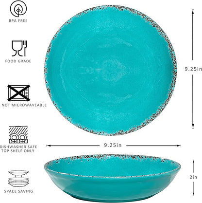 Farmhouse Melamine Pasta Bowls Set of 6, 42 OZ Shallow Individual Bowl, Melamine Pasta Plates and Salad Bowls sets, Dishwasher Safe Serving,Snack bowl,Fruit Bowl, Teal