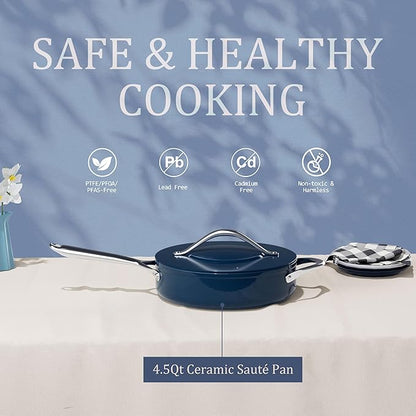 Nonstick Ceramic Sauté Pan w/Lid (4.5 qt, 11") Deep Frying Pan for All Cooktops Non Toxic Skillet PTFE/PFOA/PFAS Free, Even Heat Distribution Stainless Steel Stay-Cool Handle, Navy Blue