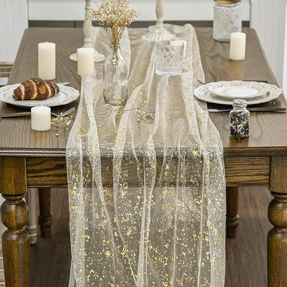 Artoid Mode 6Pcs Beige Gold Gauze Table Runner 120 Inch 10FT, Glitter Metallic Foil Sheer Dining Wedding Anniversary Holiday Birthday Table Decor for Home Party