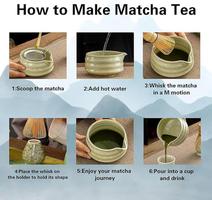 Matcha Whisk Set, Matcha Bowl with Spout, Matcha Whisk and Holder, Bamboo Matcha Scoop and Stainless Steel Sifter - 5 Pcs Mottled Green Kit Gift for Birthday Christmas