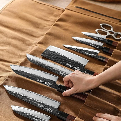 Chef Knife Roll Bag 16oz Oil Waxed Canvas with Cazy Horse Leather, 12 Slots & 2 Zipper Pockets, Portable Backpack Knife Case Storage, Detachable Adjustable Shoulder Strap Belt(Not Included Knives)