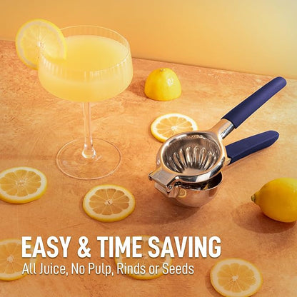 Zulay Kitchen Lemon Squeezer Stainless Steel with Premium Heavy Duty Solid Metal Squeezer Bowl and Food Grade Silicone Handles - Large Manual Citrus Press Juicer and SS Lime Squeezer (Navy)