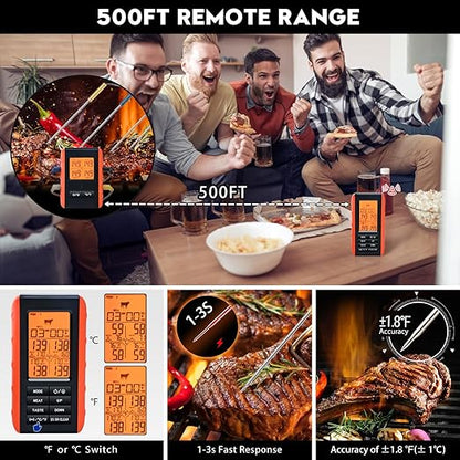Wireless Meat Thermometer for Grilling and Smoking, Food Thermometer for BBQ Smoker Oven Cooking Steak, Grill Thermometer for Outside Grill with 4 Meat Probes, Kitchen Timer