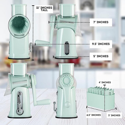5 in1 Rotary Cheese Grater with Handle, Rotary Grater, Vegetable Slicer, Shredder, Carrot Grater, Nut Grinder, and Chocolate Shaver (Light Green)