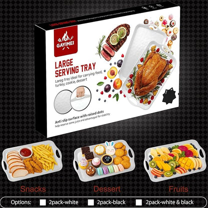 Extra Large 20" x 13" Serving Platters for Turkey, Cookie, Cupcakes, Gift Ready Melamine Serving Tray with Handles for Party Entertaining, Raised Dots & Matt Finish, Set of 2, White