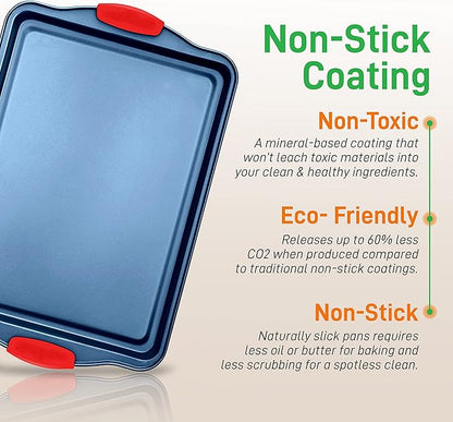 NutriChef 3-Piece Nonstick Cookie Sheets for Baking - Premium Carbon Steel Baking Trays w/ Non-Stick Smooth Coating & Silicone Handles - Large, Medium, & Small Bakeware - Blue