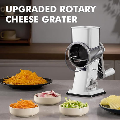Geedel Rotary Cheese Grater - Upgraded Vegetable Shredder with 4 Interchangeable Blades, Easy to Clean Cheese Shredder with Handle, Kitchen Grater Nuts Grinder for Cutting Cheese, Vegetable, Nuts