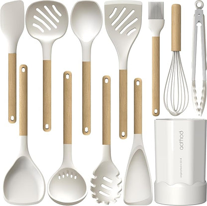 Silicone Cooking Utensils Set, 446°F Heat Resistant Silicone Kitchen Utensils for Nonstick Cookware, Kitchen Gadgets Spatula Set, Spoon, Turner, Tongs, Ladle, Whisk, BPA FREE (Cream White)