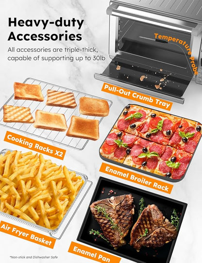 Nuwave Bravo XL Pro Air Fryer Toaster Oven, Improved 100% Super Convection, Quicker & Crispier Results, 100 Presets, Multi-Layer Even Cooking, 50-500F, Smart Probe, PFAS Free, 30QT, Stainless Steel