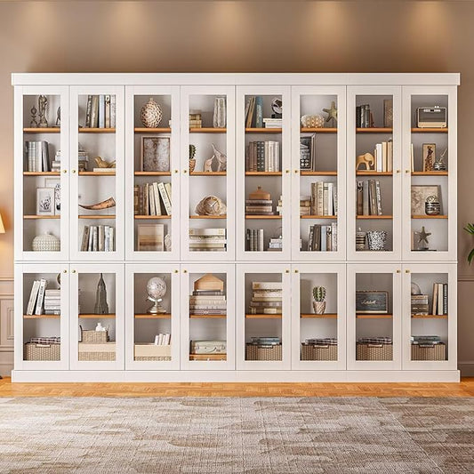 70.8" Tall Farmhouse Kitchen Pantry Cabinet with Glass Doors, Modular Storage Cabinet with 6-Tier Adjustable Shelves, White, Wooden Hutch for Kitchen, Living Room, Set of 4