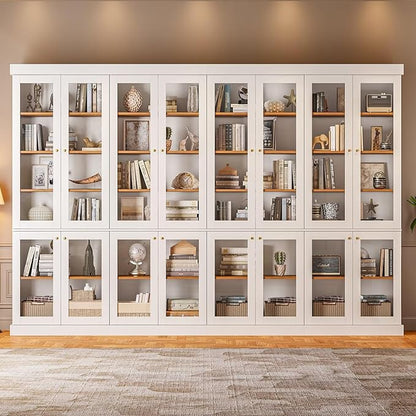 70.8" Bookshelf with Glass Doors, Farmhouse Modular Bookcase with 6-Tier Adjustable Shelves, Large Storage Cabinet for Living Room & Home Office, Set of 3, White