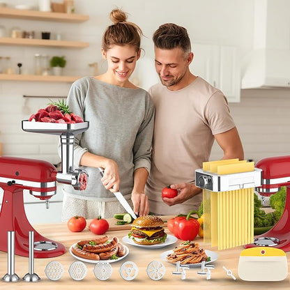 Meat Grinder Pasta Maker Attachment for Kitchenaid Stand Mixers,Set for Kitchenaid Mixer Attachments Includes Metal Food Grinder with Sausage Stuffer Tubes,3 in 1 Pasta Attachment with Dough Cutter