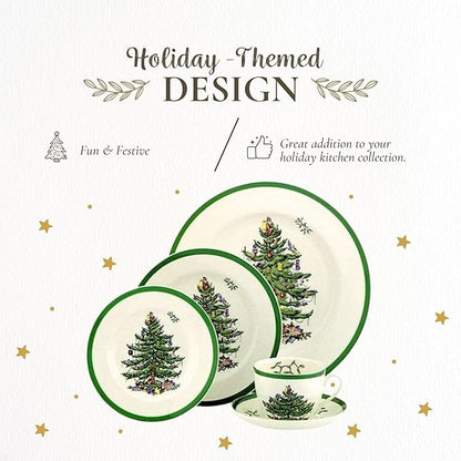 Spode Christmas Tree 5-Piece Place Setting - Festive Earthenware Tableware with Plates, Teacups, Saucers - Microwave, Dishwasher Safe - Christmas Dinnerware & Holiday Tableware