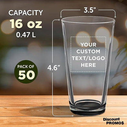 Custom Casale Pint Glass 16 oz. Set of 50, Personalized Bulk Pack - Beer Glasses, Heavy Duty Drinkware - Black