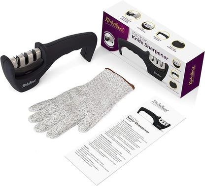 4-in-1 Kitchen Knife Accessories: 3-Stage Knife Sharpener Helps Repair, Restore, Polish Blades and Cut-Resistant Glove (Black)