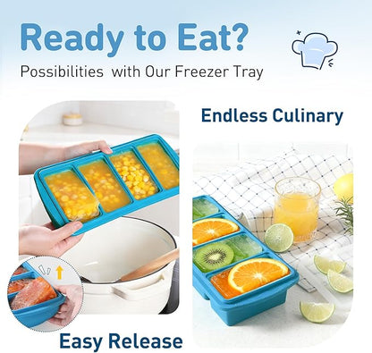 Silicone Freezer Tray with Lid Soup Freezer Container Molds with Steel Reinforced Rim Large Ice Cube Tray Makes 8 Perfect 1 Cup Portions Cubes Storage Food silicone Ice Cube Molds Housewarming Gifts