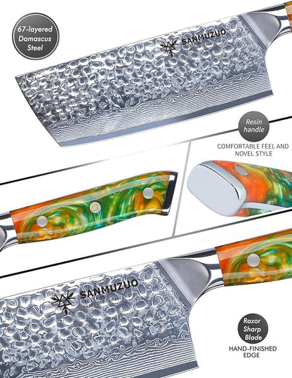 7" Nakiri Knife - Vegetable Cleaver Kitchen Knives - Japanese Usuba Knife - Hammered Damascus Steel & Resin Handle - YAO Series
