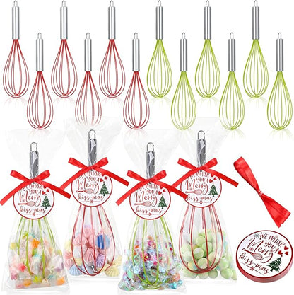 12 Sets 12 Inch Christmas Whisks Gifts DIY Fillable Christmas Tree Ornaments Xmas Colored Silicone Whisks for Cooking Heat Resistant Egg Beaters with Card Rope Bag for Candy Holder