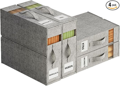 4Pack Sheet Organizers and Storage - King/Queen Size Sheet Storage Organizer with Window, Foldable & Dustproof Sheet Organizer for Linen Closet for Summer Blankets & Sheet Sets,Grey