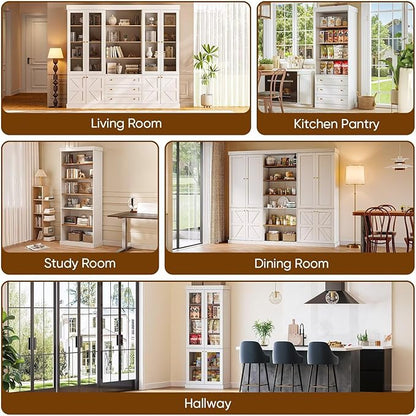 70.8" Tall Farmhouse Kitchen Pantry Cabinet, Modular Storage Cabinet with 6-Tier Adjustable Shelves, White, Wooden Hutch for Living Room, Kitchen, Set of 3